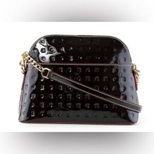 Arcadia Laura Black Patent Leather Crossbody Bag with Gold Hardware & Red Trim